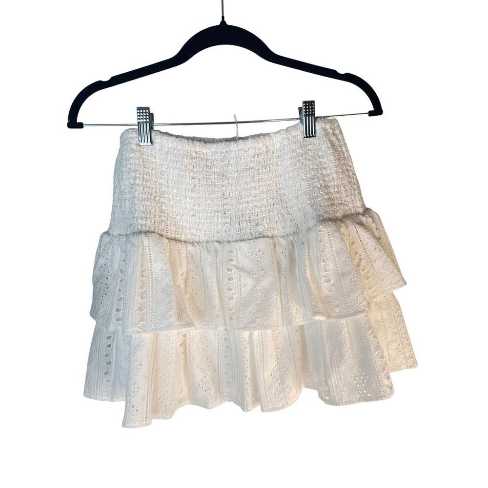 NWT Choosy Eyelet 6 Smocked Waist Tiered Lace Skirt White